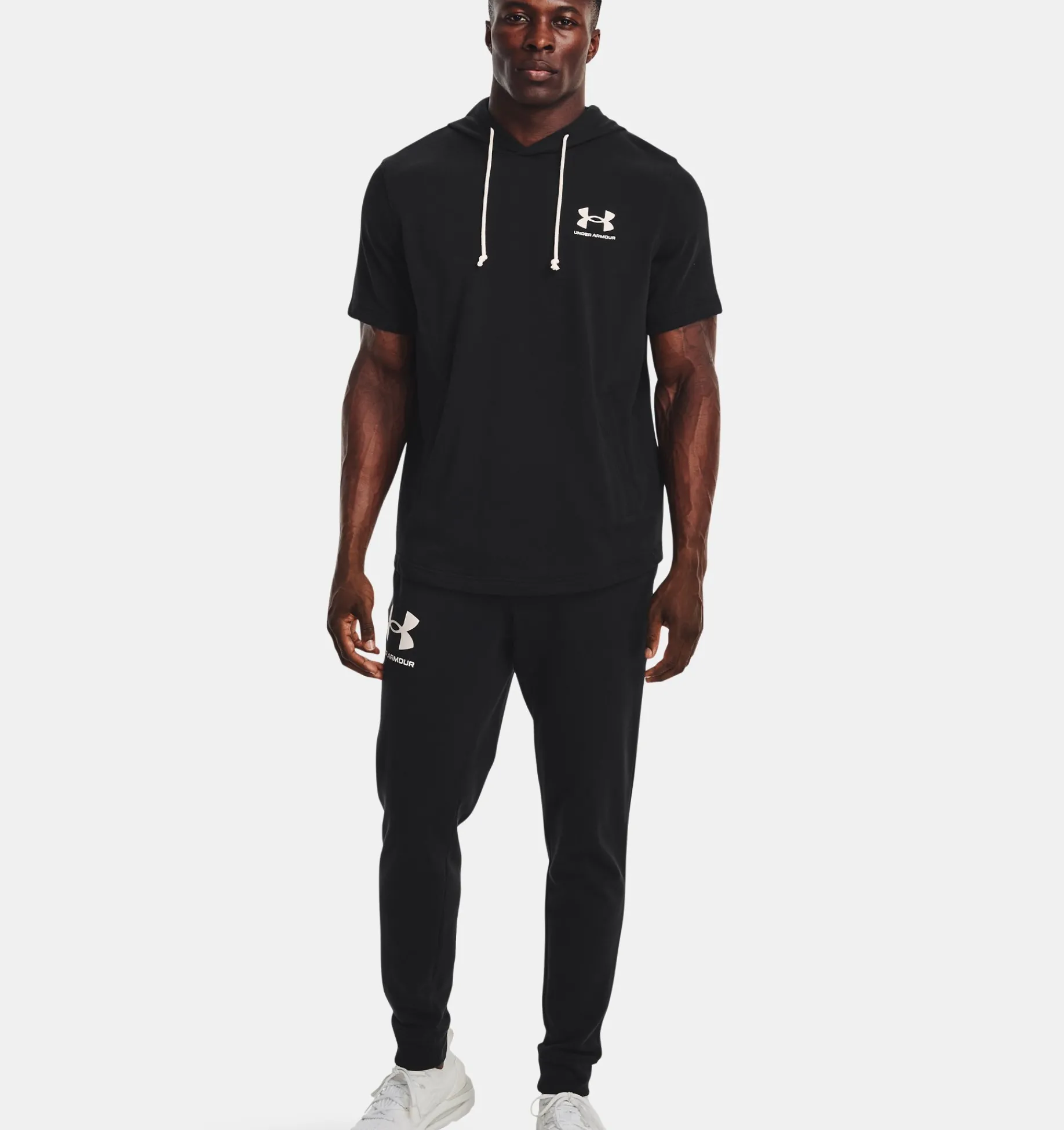 New Under Armour Felpa Con Cappuccio A Maniche Corte Ua Rival Terry Da Uomo Black / Onyx White - 001