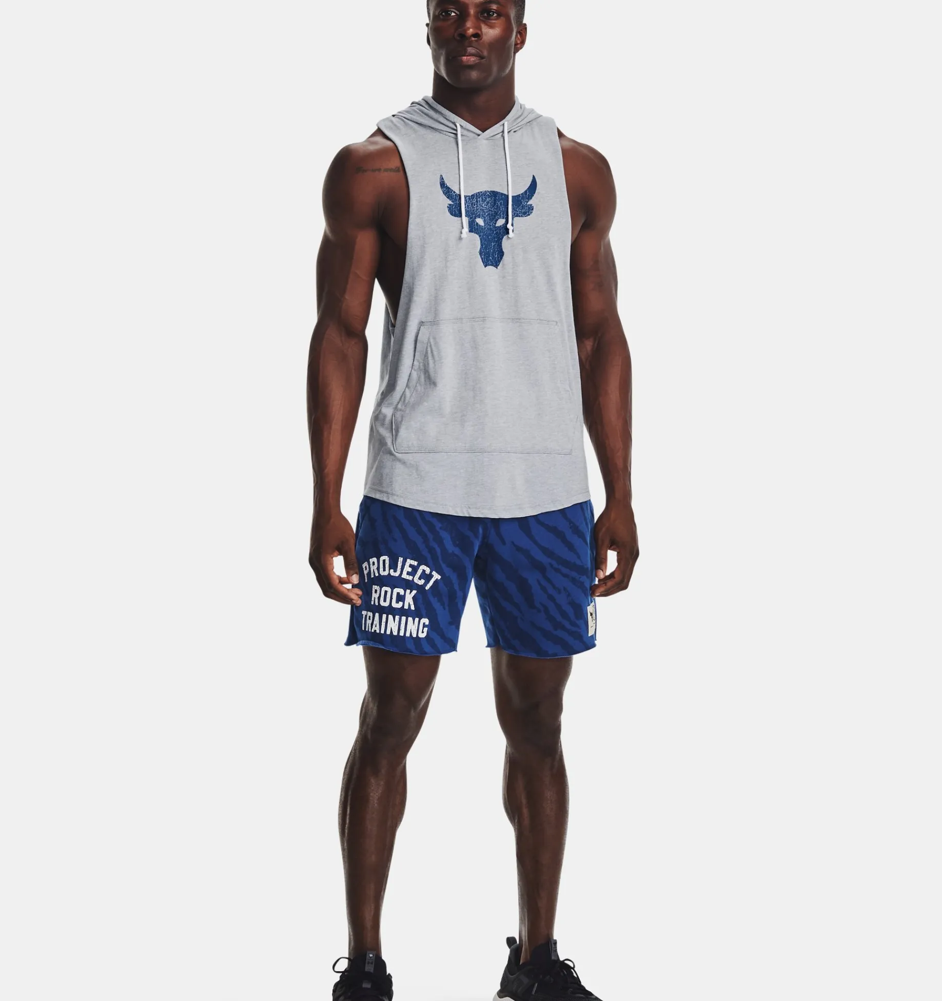New Under Armour Felpa Con Cappuccio Senza Maniche Project Rock Bsr Bull Da Uomo Steel Light Heather / Blue Mirage - 035