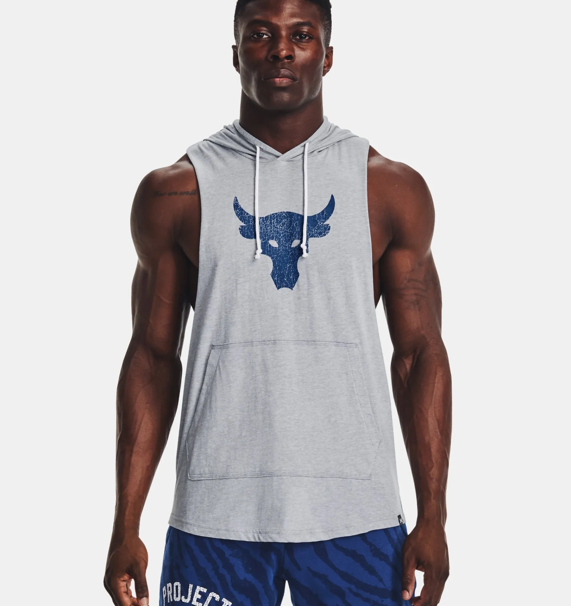 New Under Armour Felpa Con Cappuccio Senza Maniche Project Rock Bsr Bull Da Uomo Steel Light Heather / Blue Mirage - 035
