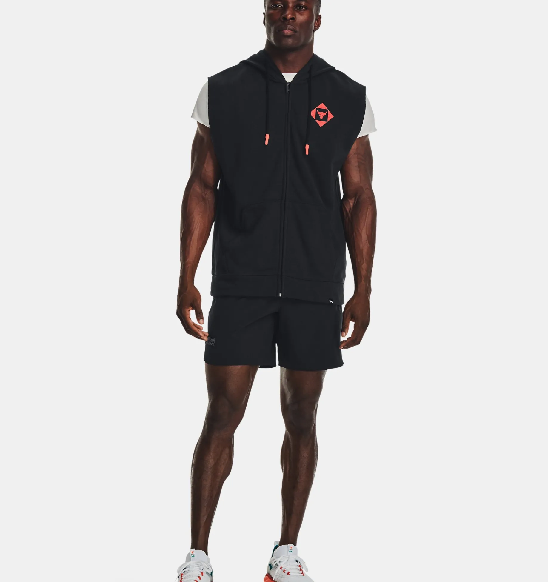 Best Sale Under Armour Felpa Con Cappuccio Senza Maniche Project Rock Heavyweight Terry Full-Zip Da Uomo Black / After Burn - 001