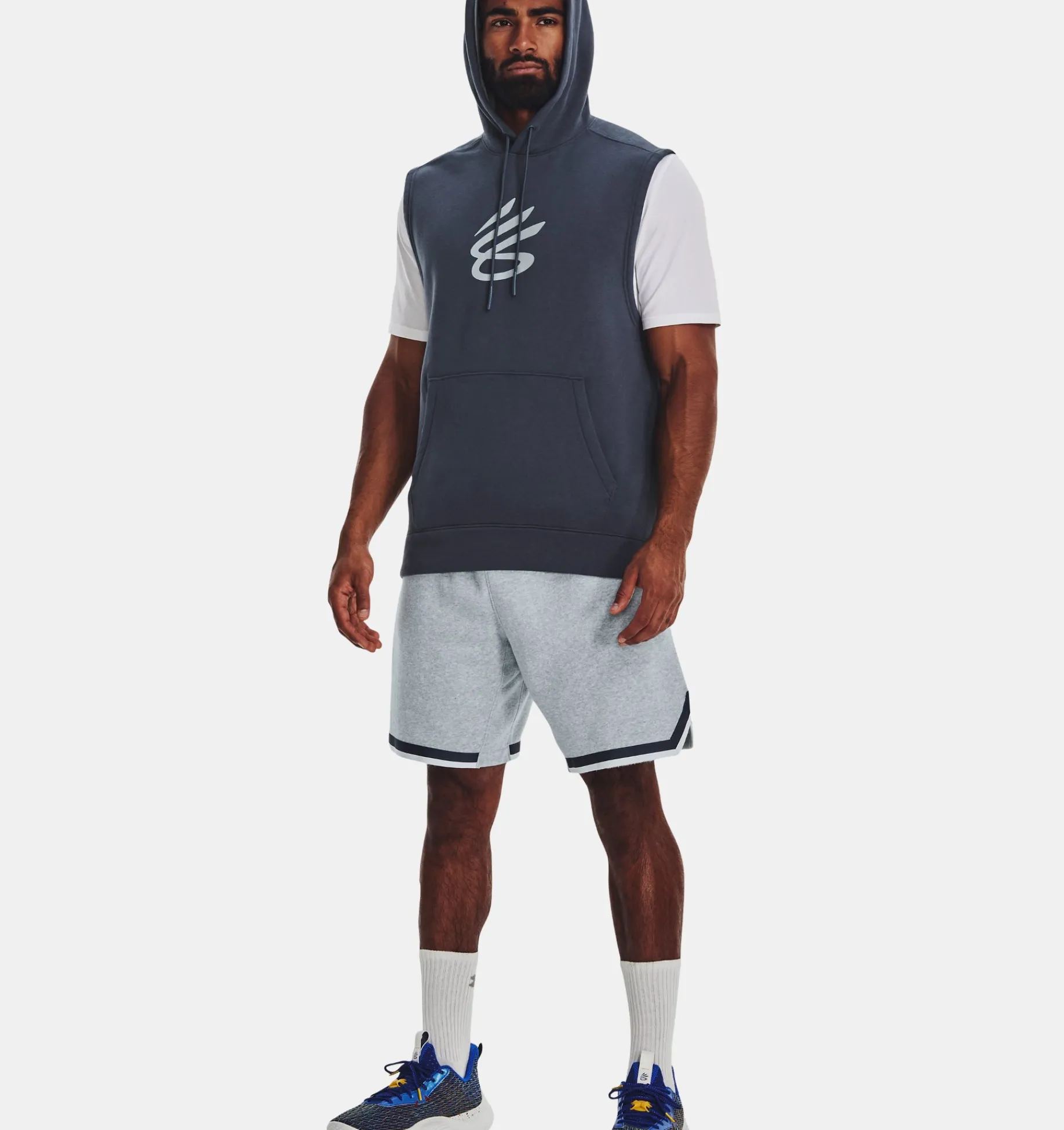 Best Sale Under Armour Felpa Con Cappuccio Senza Maniche Curry Fleece Da Uomo Downpour Gray / Harbor Blue - 044